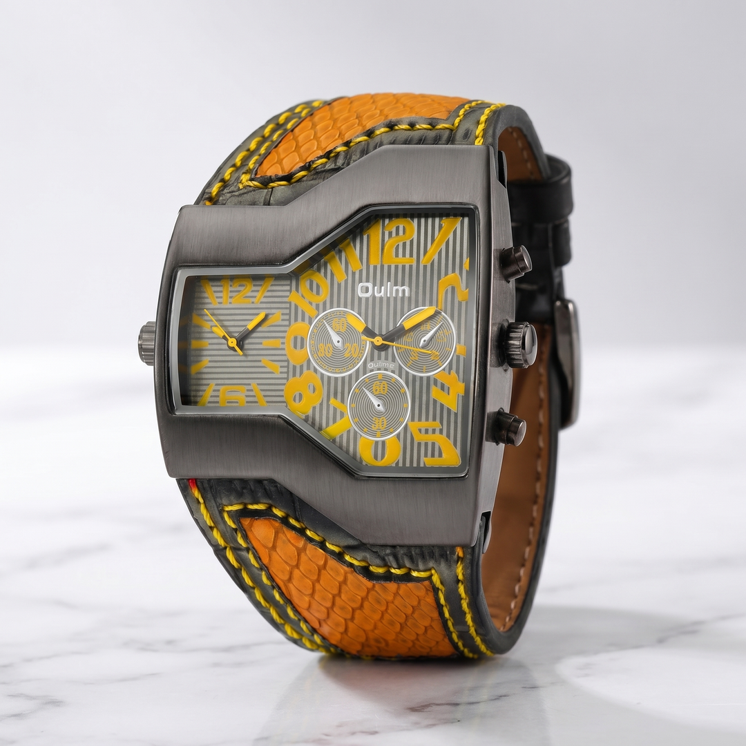 Sleek men's classic dual time wrist watch featuring a durable leather strap and sophisticated dial design.