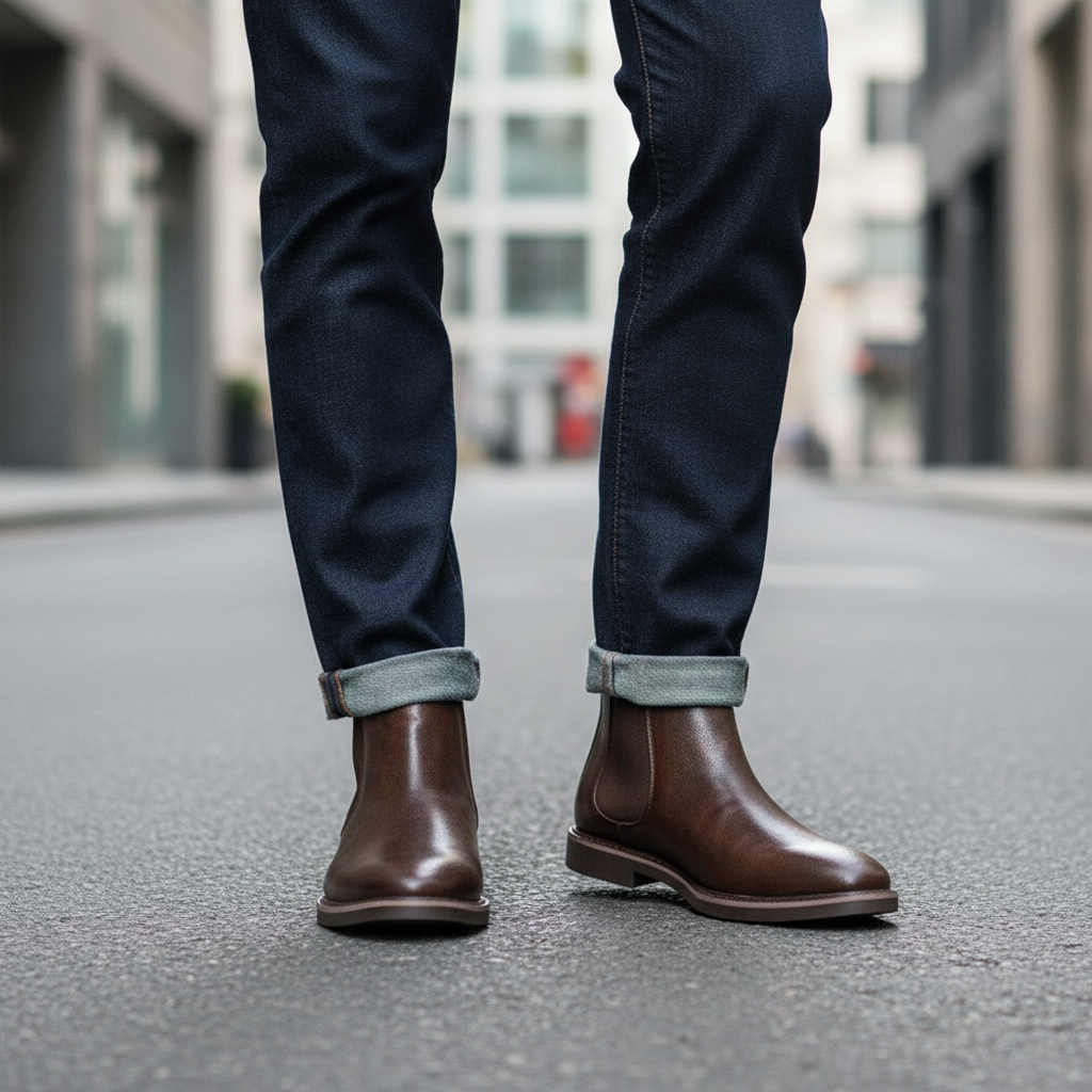 Men's classic elastic Chelsea boots in black leather, side view, for fall fashion