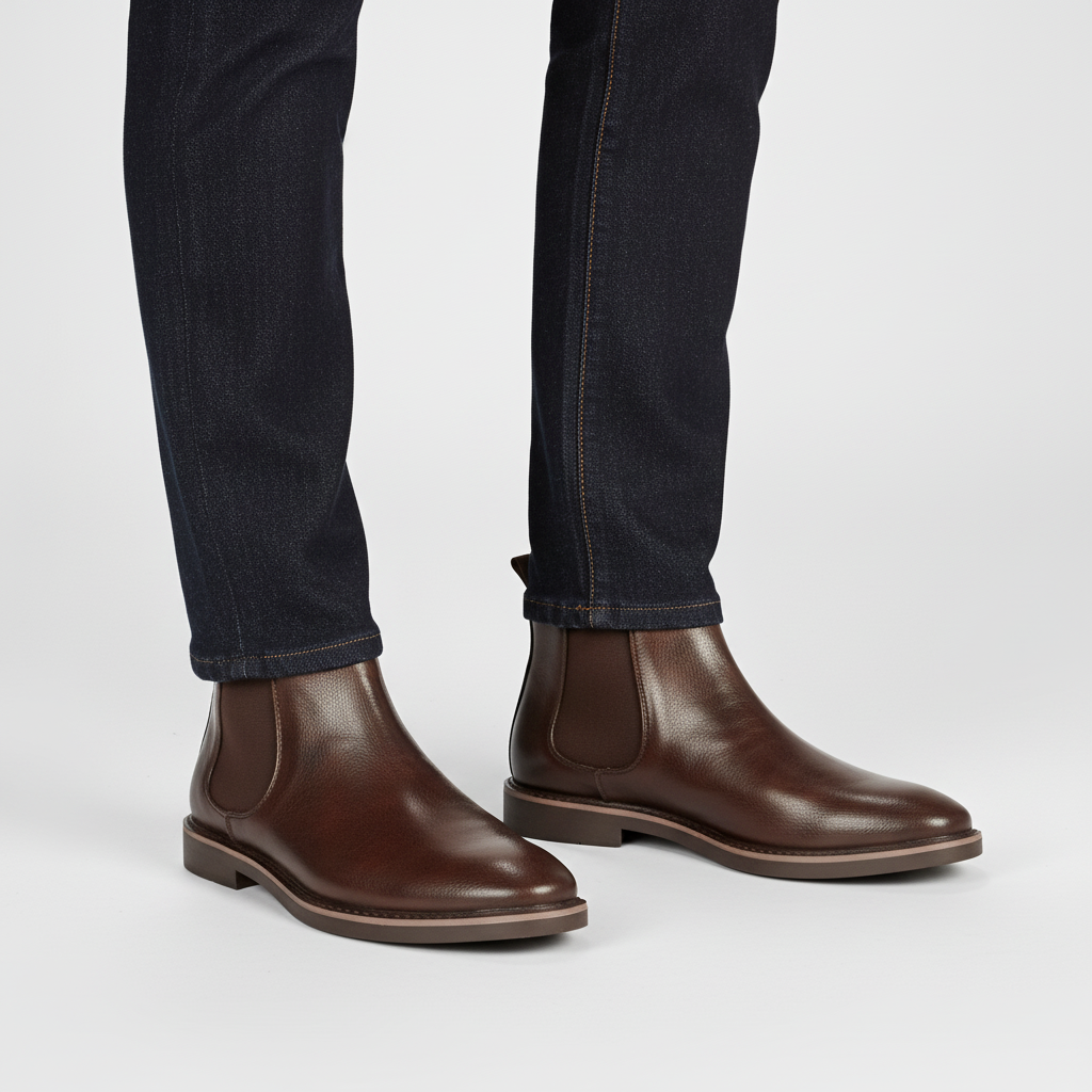 Top-down view of men's leather Chelsea boots, showcasing classic footwear design
