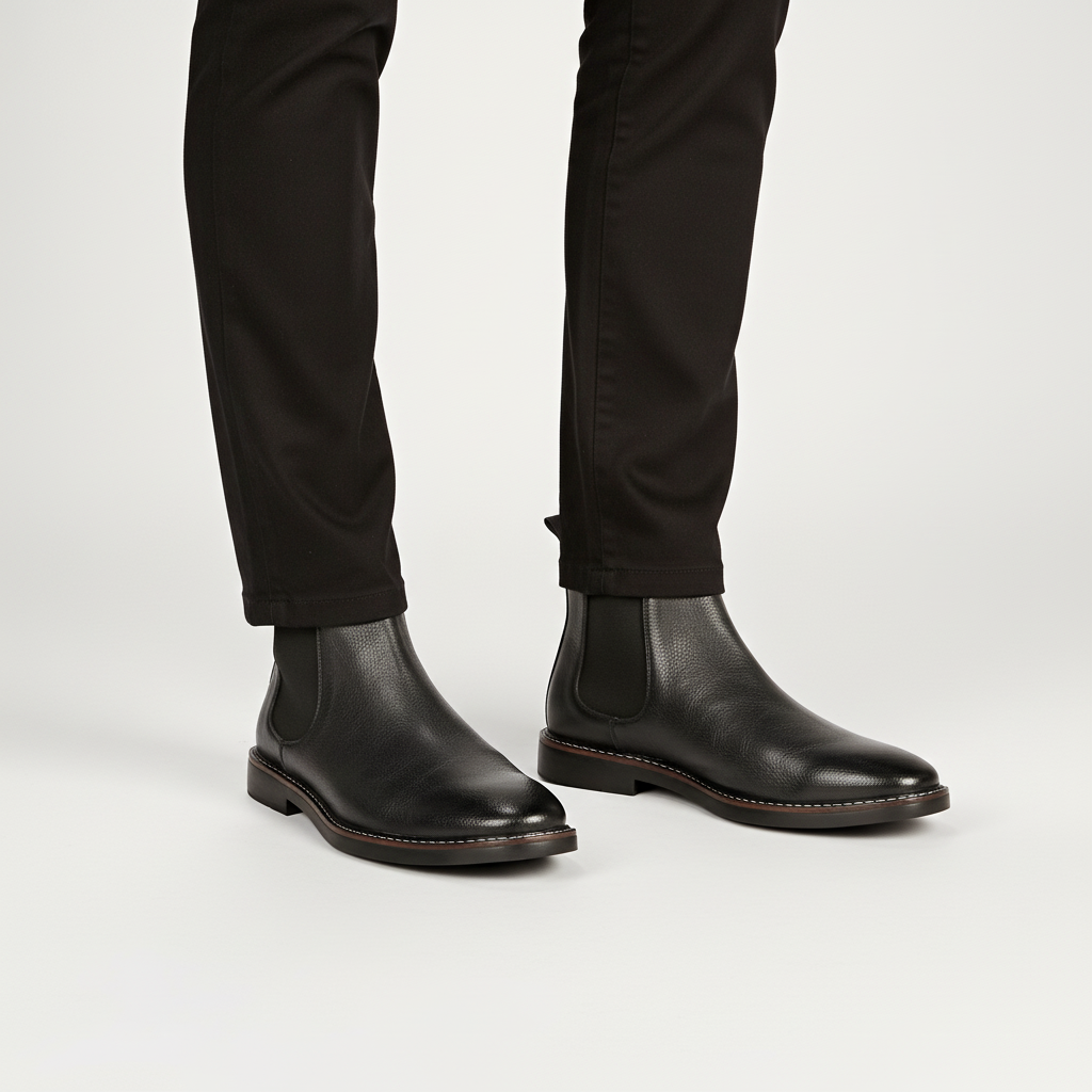 Detailed shot of the elastic gusset on men's classic black Chelsea boots, durable leather