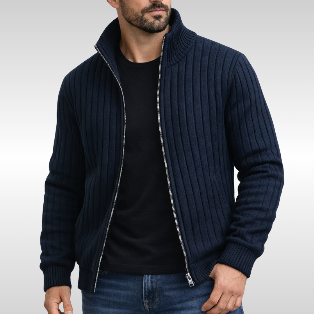 Ribbed sleeveless men's zip-up vest, offering classic elegance and comfort for versatile everyday layering.