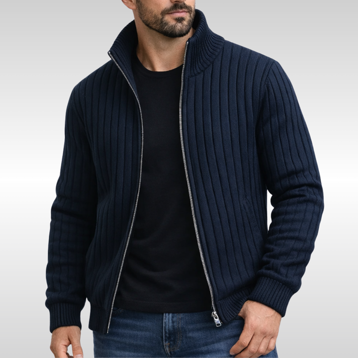 Ribbed sleeveless men's zip-up vest, offering classic elegance and comfort for versatile everyday layering.