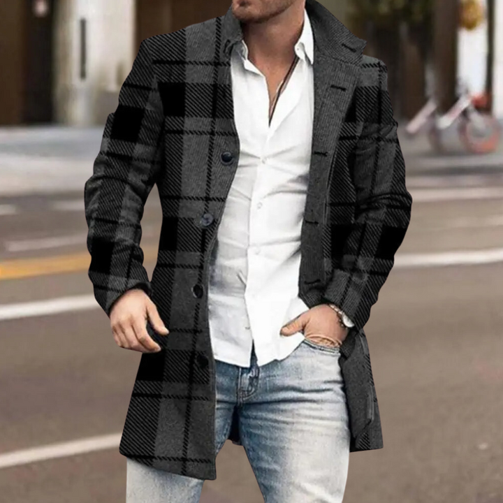 Modern men's blue classic everyday coat. Versatile long sleeve button closure jacket for smart casual style.