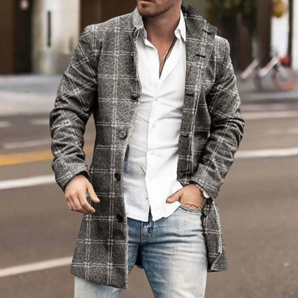 Elegant men's gray classic everyday coat. Smart casual autumn jacket, versatile modern outerwear with buttons.