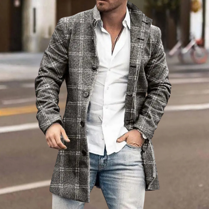 Elegant men's gray classic everyday coat. Smart casual autumn jacket, versatile modern outerwear with buttons.