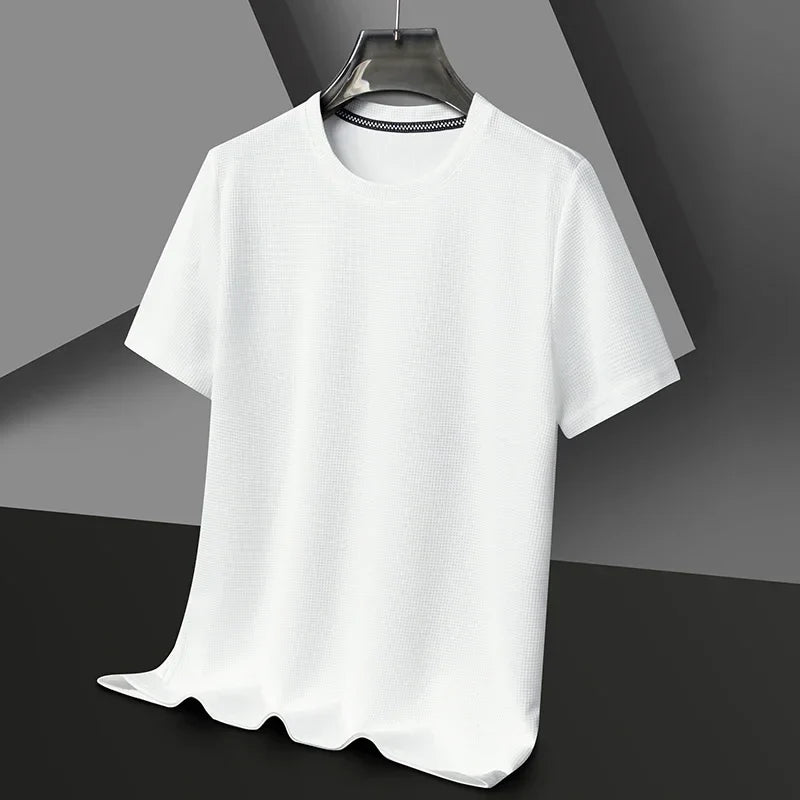 Beige men's everyday textured t-shirt, featuring a classic fit for casual, comfortable wear.