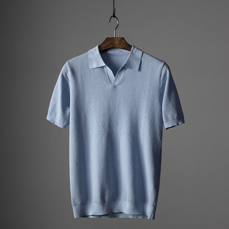 Men's classic fit light blue short sleeve polo shirt for everyday casual style & comfort.
