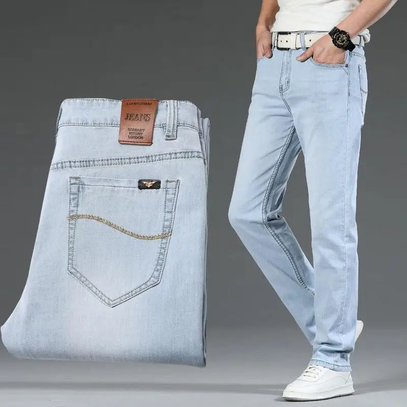 Men's classic fit stretch denim jeans in blue, perfect for casual wear and everyday comfort.