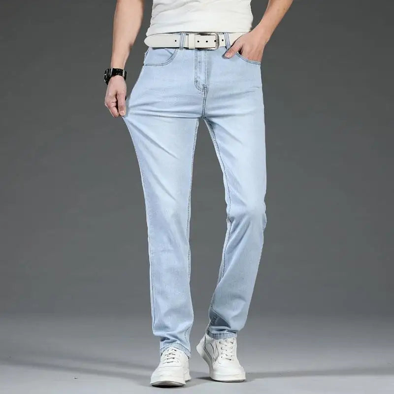Men's classic blue denim stretch jeans showing waistband and button details, ideal for versatile wear.