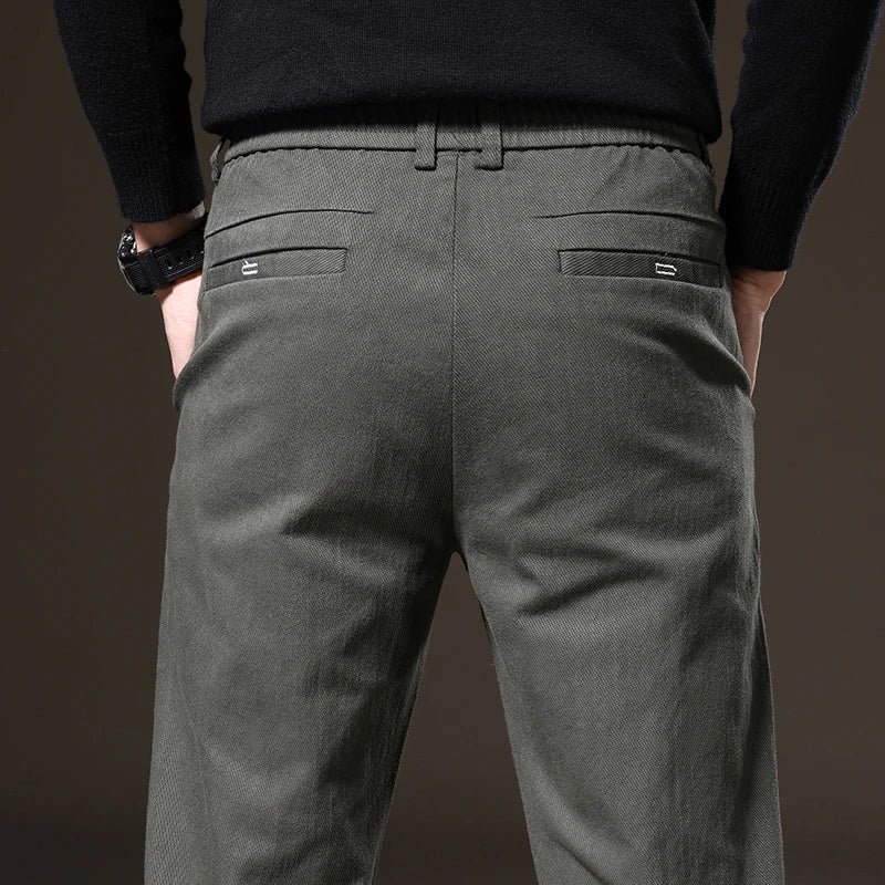 Comfortable men's tailored stretch pants with a classic fit, wrinkle-resistant for everyday wear.