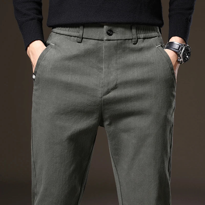 Professional men's stretch dress pants, classic fit silhouette, offering comfort and refined look.