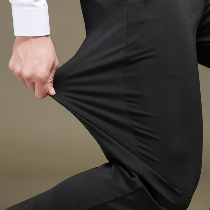 Close-up of classic fit men's trousers fabric, showcasing comfortable stretch and quality