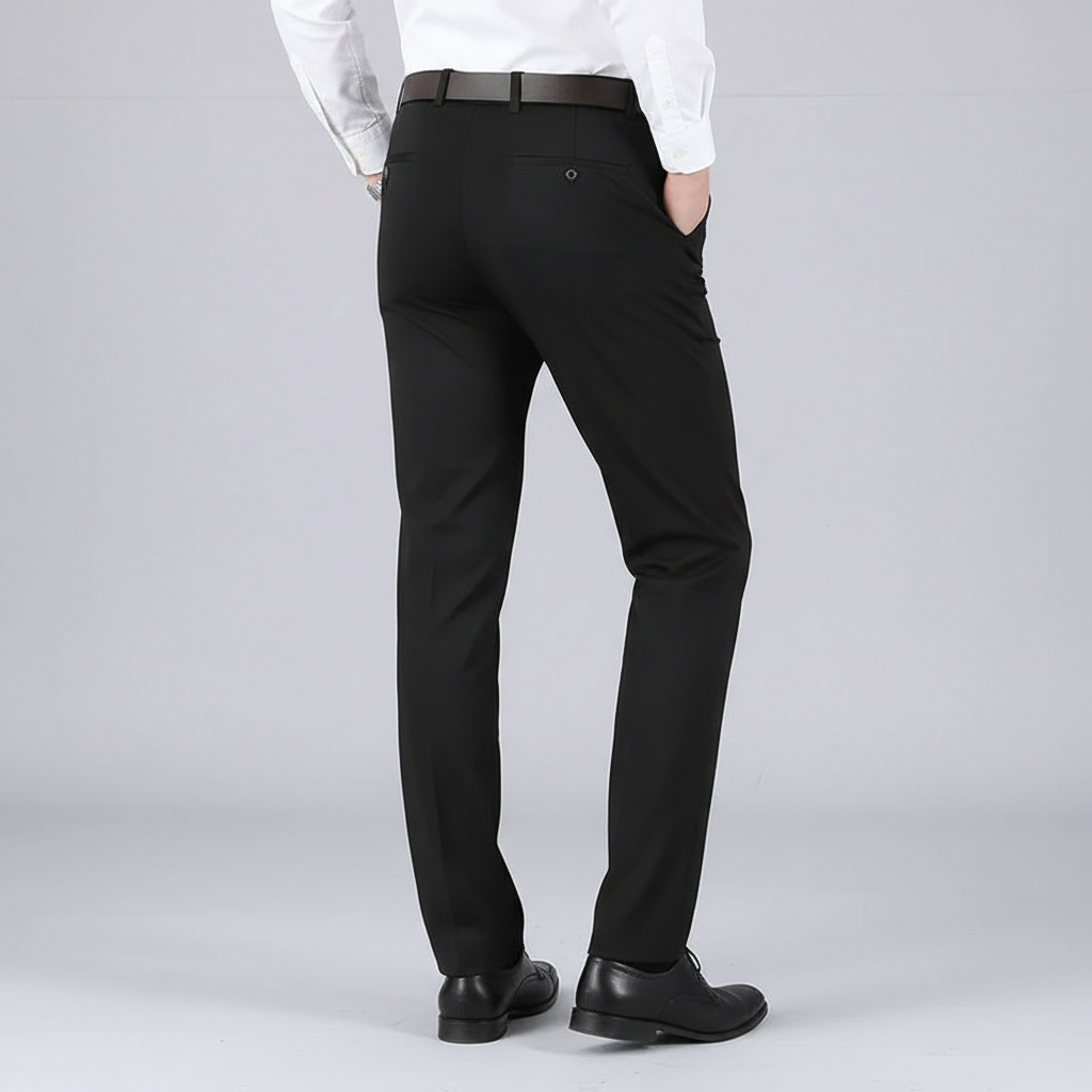 Flat lay of men's stretch trousers, highlighting the classic design and comfortable fit