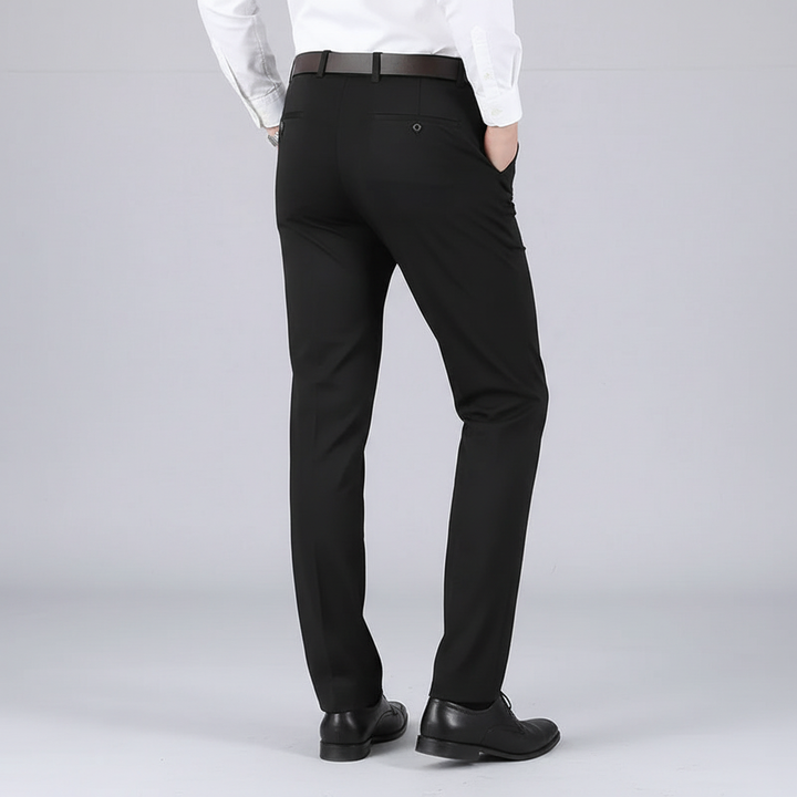 Flat lay of men's stretch trousers, highlighting the classic design and comfortable fit