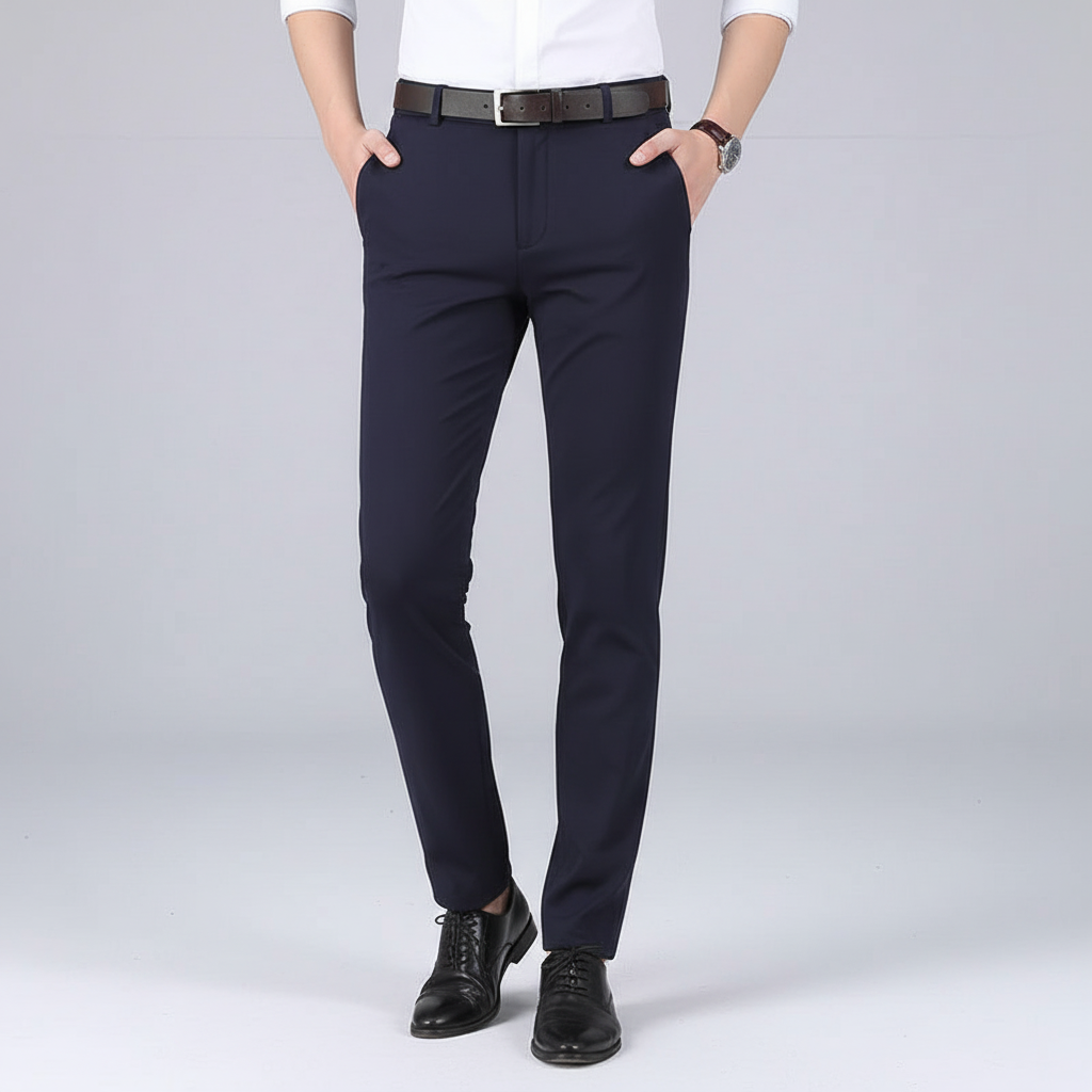 Detailed view of elastic waistband on men's cotton blend stretch pants for comfort
