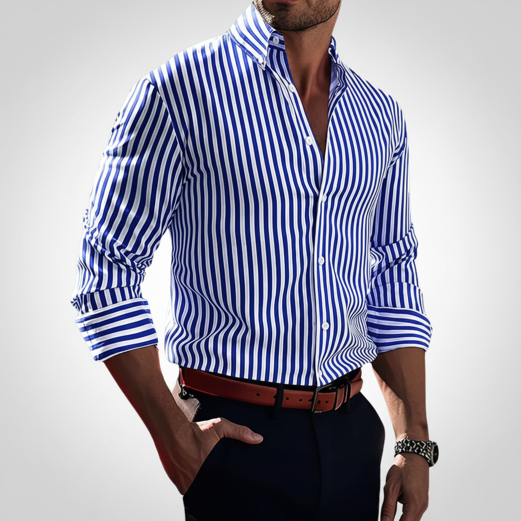 Close-up of the striped pattern on a men's classic cotton casual shirt