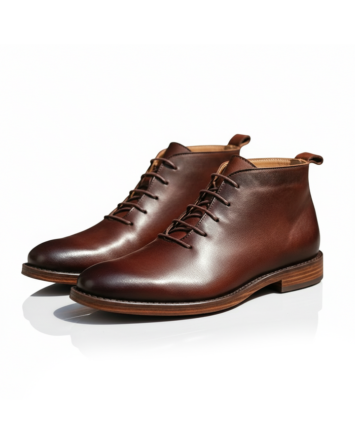 Men's classic full-grain leather Redwood boots, Goodyear welt, durable brown footwear.