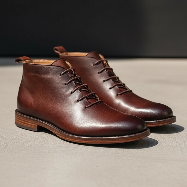 Close-up: Rich brown full-grain leather on men's classic Redwood boots, showcasing texture.