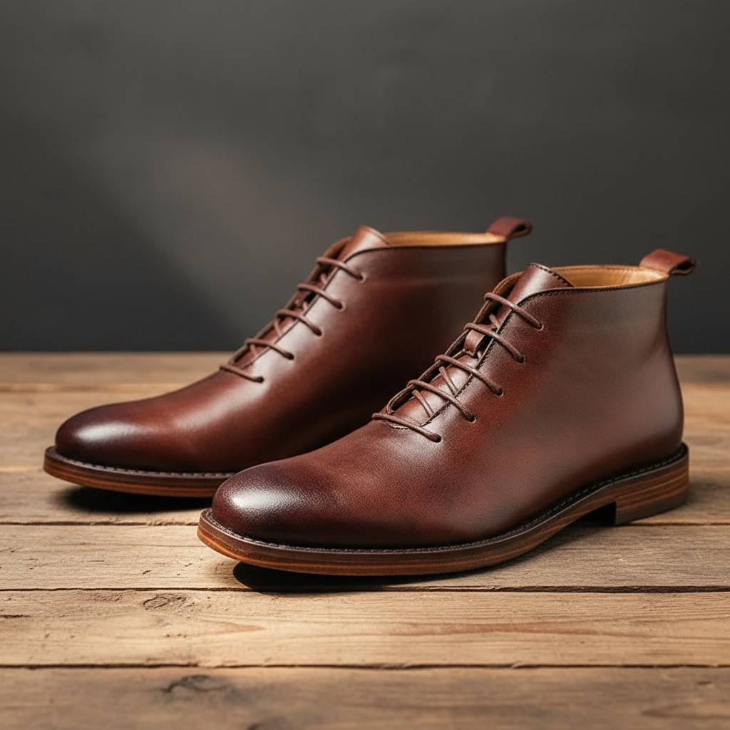 Durable Goodyear welt construction on classic men's brown full-grain leather Redwood boots.