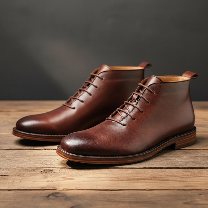Durable Goodyear welt construction on classic men's brown full-grain leather Redwood boots.