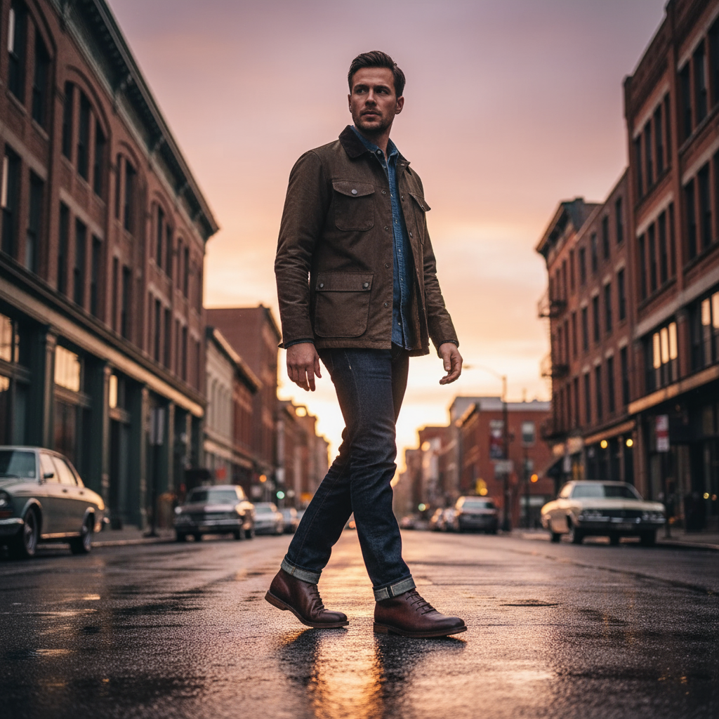 Side view of men's classic brown full-grain leather Redwood boots, stylish & durable footwear.