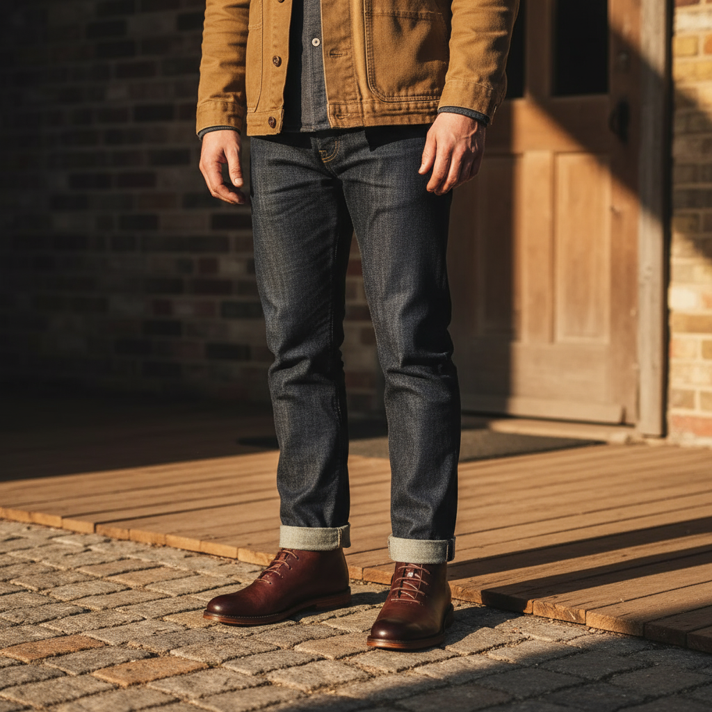 Front view of classic men's brown full-grain leather Redwood boots, elegant & robust design.