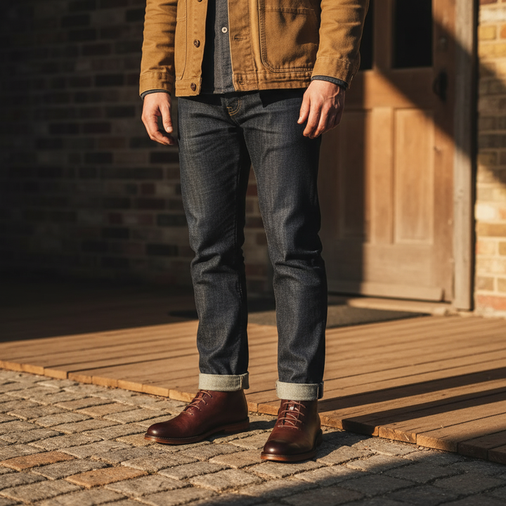 Front view of classic men's brown full-grain leather Redwood boots, elegant & robust design.