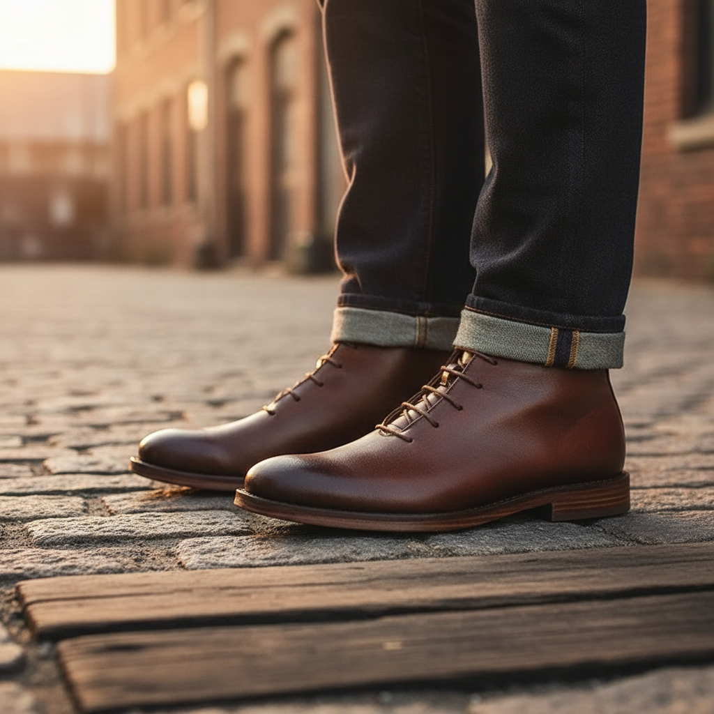 Back view of men's durable brown full-grain leather Redwood boots, timeless classic style.