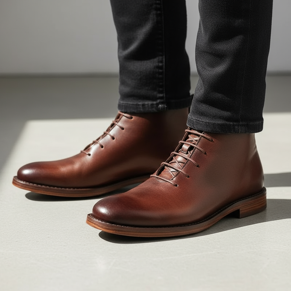 Rugged sole detail on men's classic brown full-grain leather Redwood boots, superior grip.
