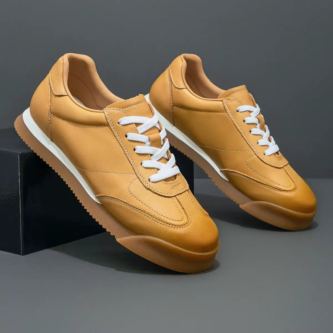 Khaki men's classic leather sneakers, perfect for refined style & casual everyday fashion.