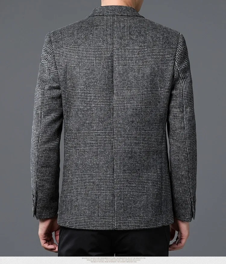 Sophisticated men's Glen Check blazer. Stylish tailored jacket perfect for business meetings or smart casual menswear.
