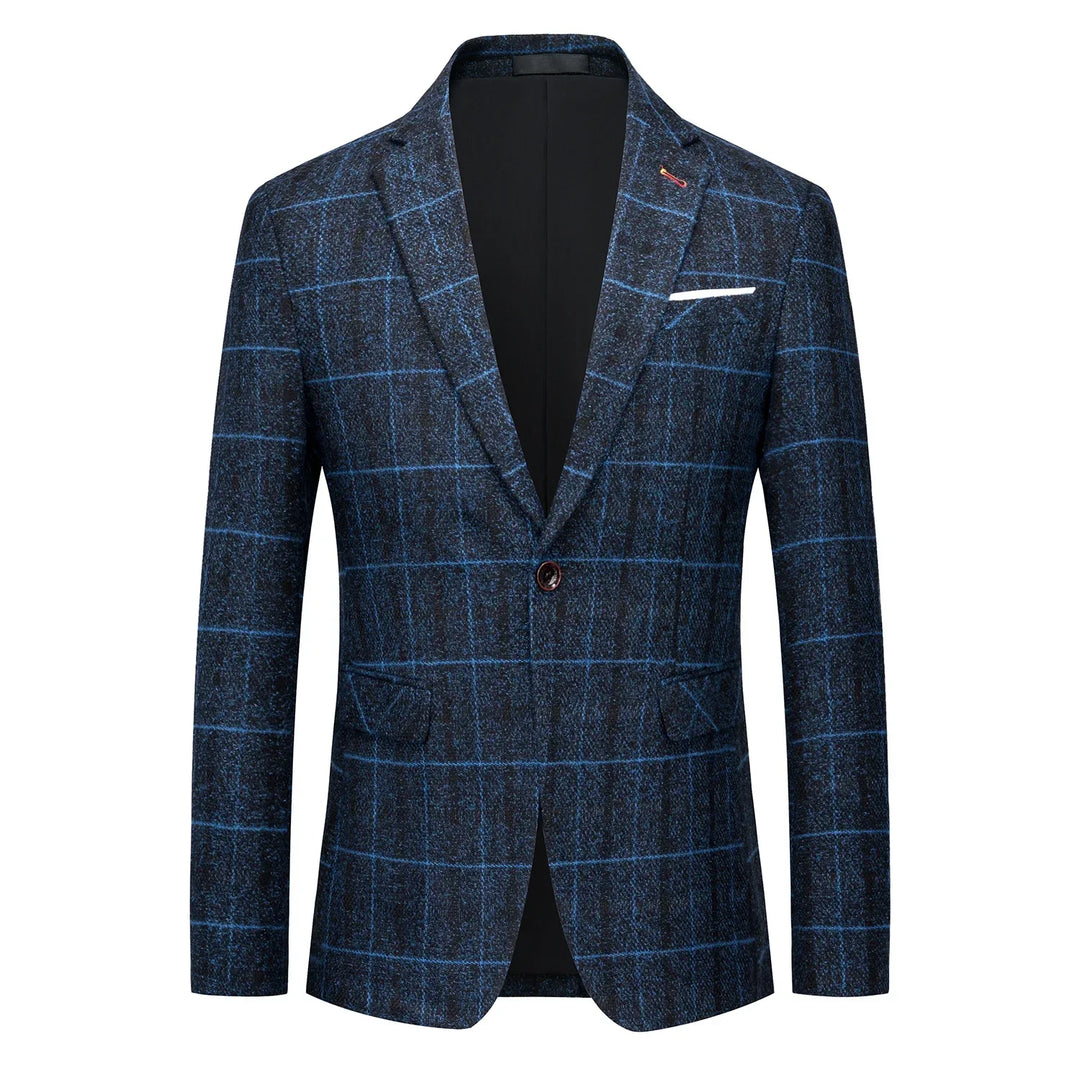 Versatile men's glen plaid blazer, tailored for a classic, structured look. Ideal for formal & smart casual style.