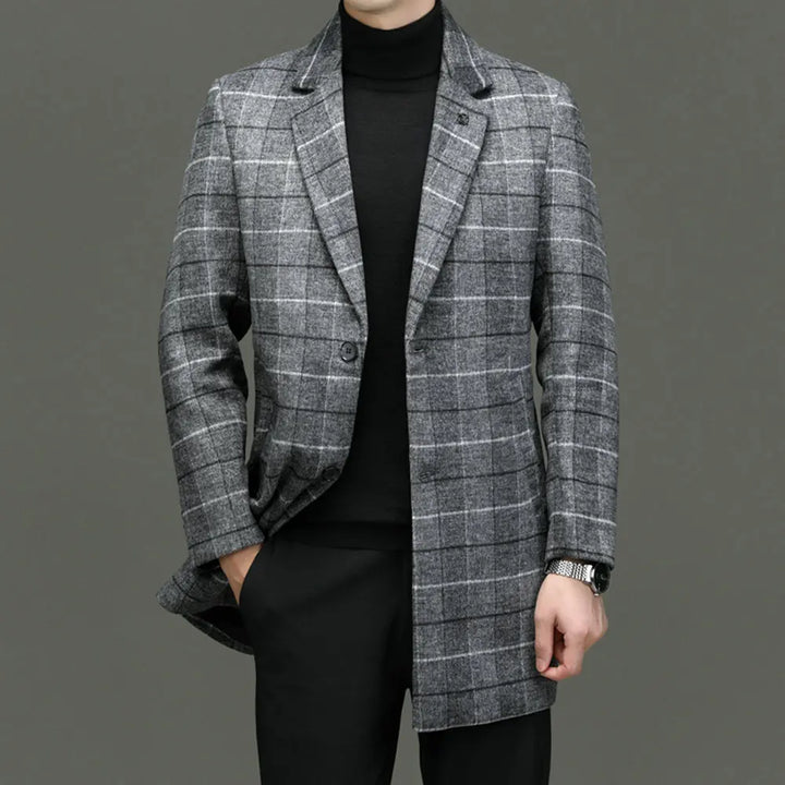 Men's classic gray plaid coat, tailored fit, sophisticated winter outerwear.