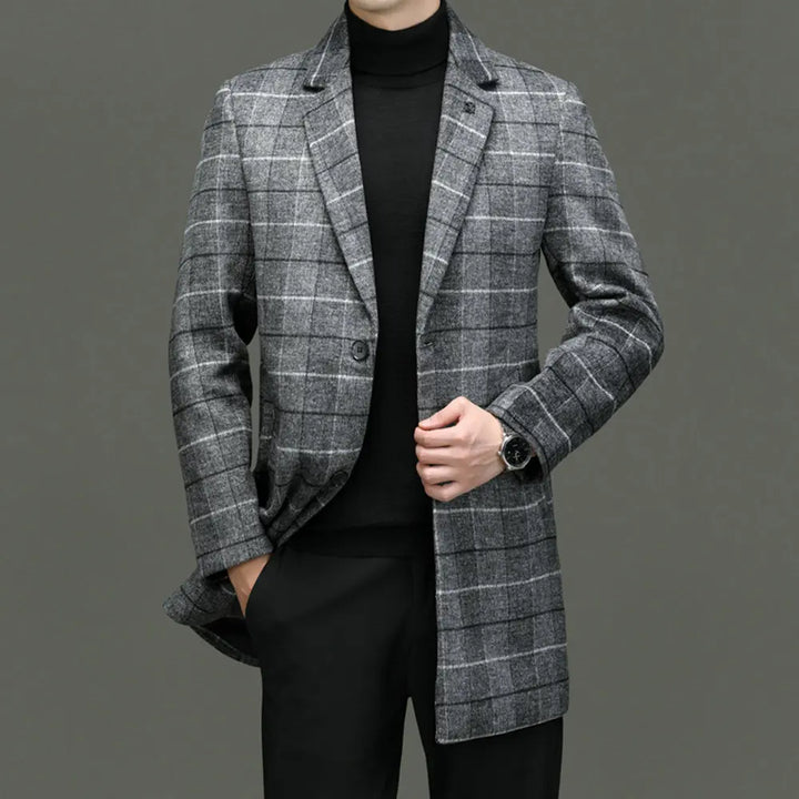 Tailored fit blue plaid coat for men, classic business casual winter fashion.