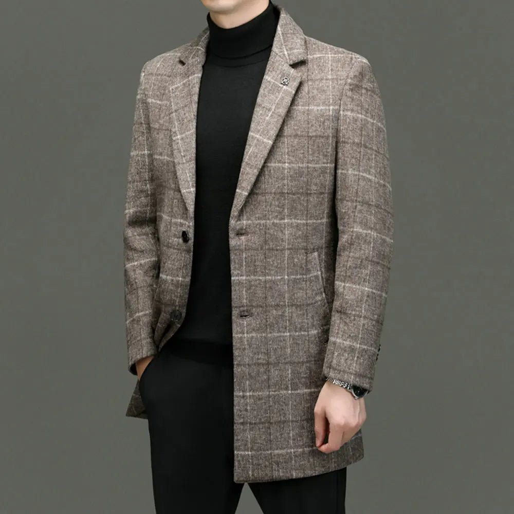 Structured khaki plaid men's coat, classic style, sophisticated business casual.