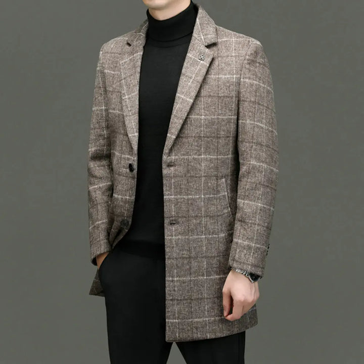 Structured khaki plaid men's coat, classic style, sophisticated business casual.