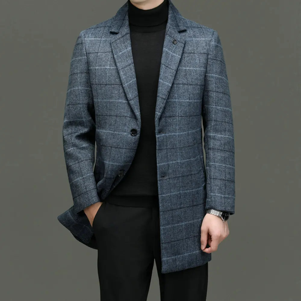 Close-up: Men's classic blue plaid outerwear, showcasing tailored fit & structured design.
