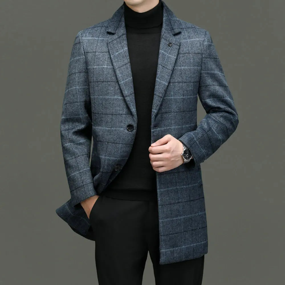 Sophisticated men's winter coat, classic gray plaid, tailored fit for business casual style.