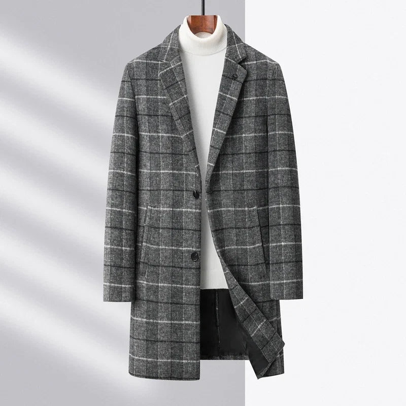 Elegant structured men's tailored fit plaid coat in blue, classic sophisticated outerwear.