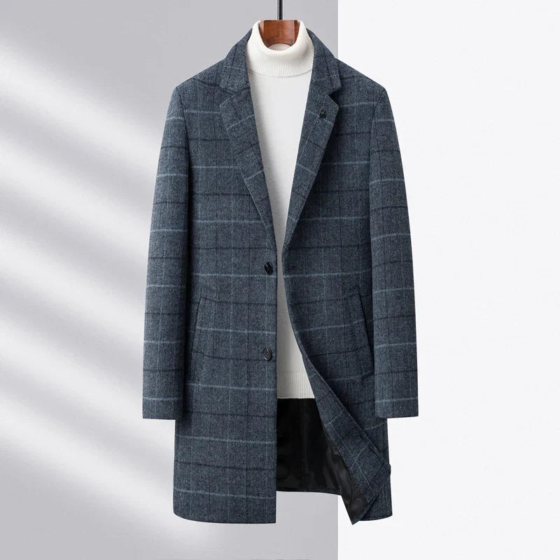 Men's classic gray & blue plaid tailored coat, structured for winter business casual fashion.