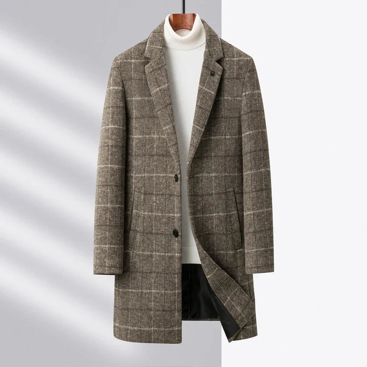 Classic men's plaid coat, tailored fit, sophisticated gray & khaki winter outerwear.