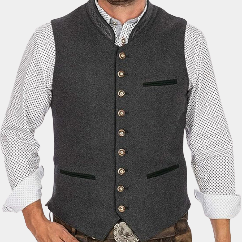 Men's classic grey gilet vest for versatile style. Perfect for formal or casual layered looks in men's fashion.