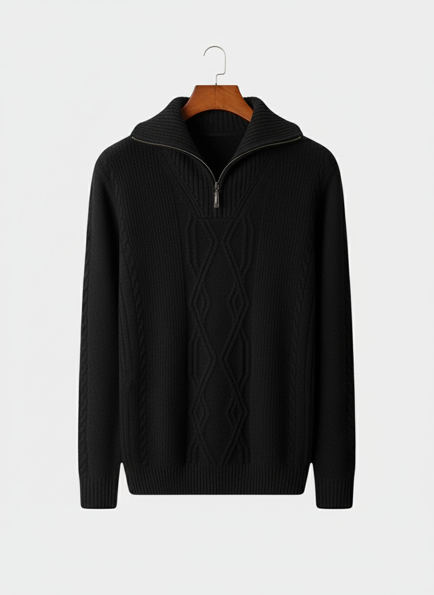 Men's classic half-zip cable knit sweater with a sophisticated fold collar. Perfect for smart casual autumn & winter layering.
