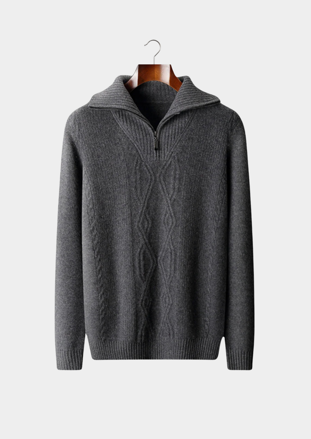 Stylish men's cable knit sweater with a half-zip & fold collar. Effortless comfort & warmth for winter outfits.