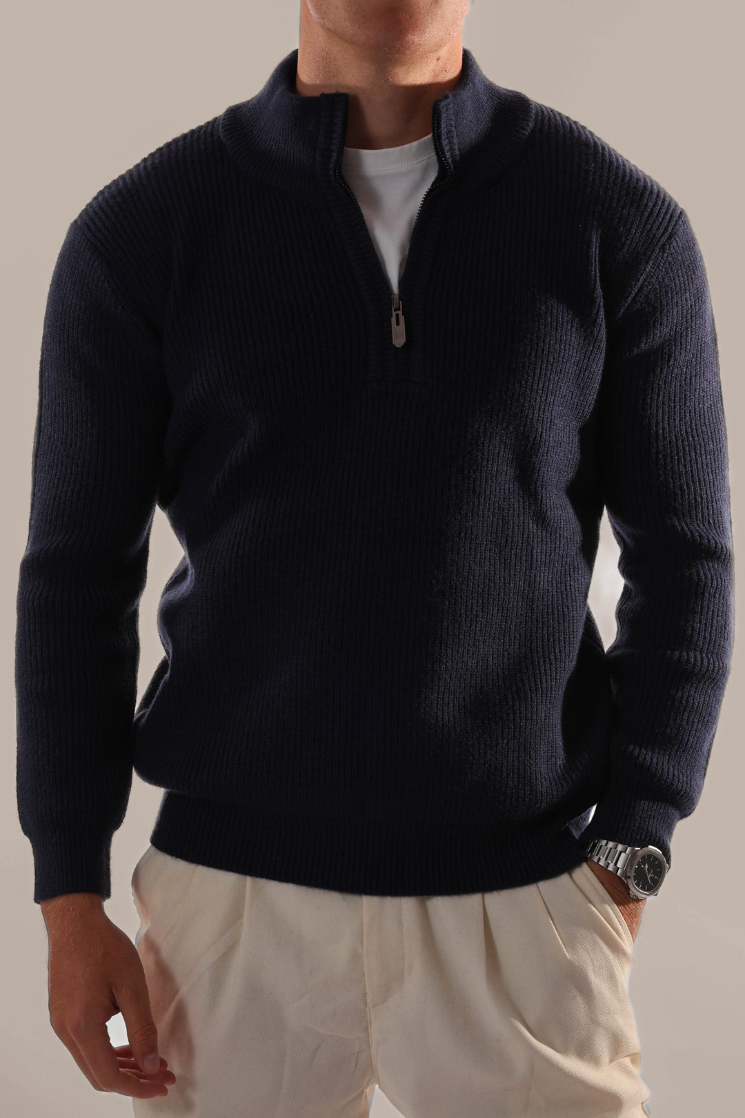 Men's classic half-zip jumper with stand collar, perfect for smart casual layering in autumn/winter.
