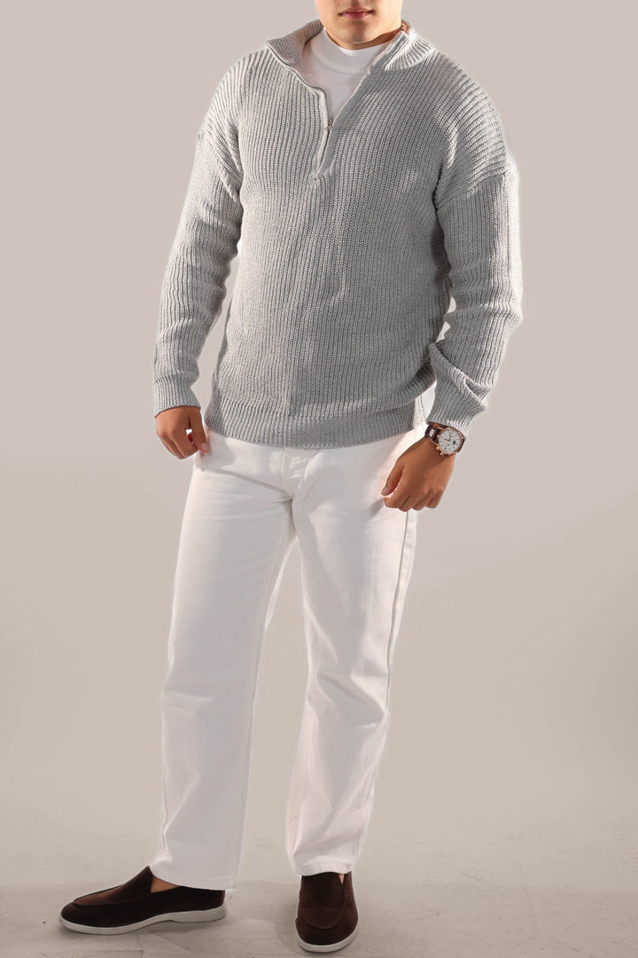 Versatile men's half-zip sweater, a wardrobe staple for casual or smart casual looks.