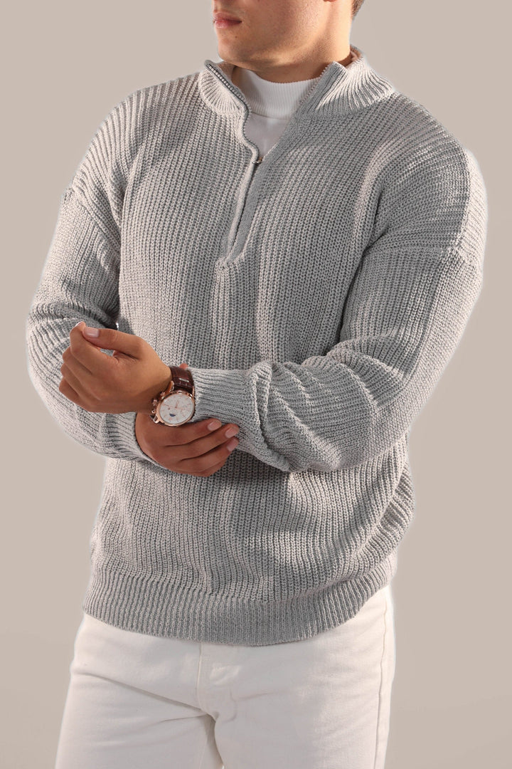 Elegant men's half-zip pullover with stand collar, offering warmth & style for all occasions.