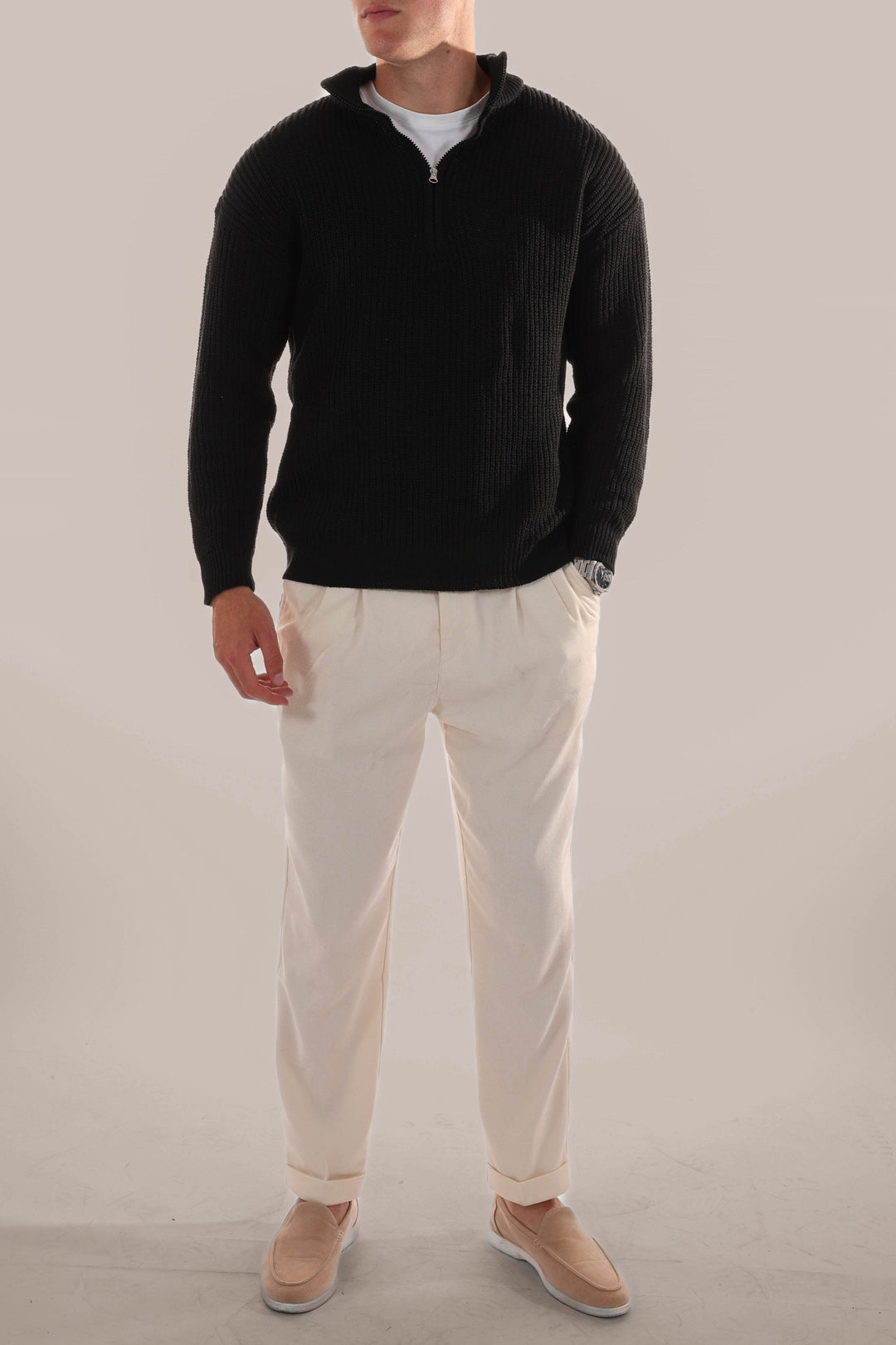 Men's essential half-zip sweater, great for comfortable layering over shirts in cooler weather.