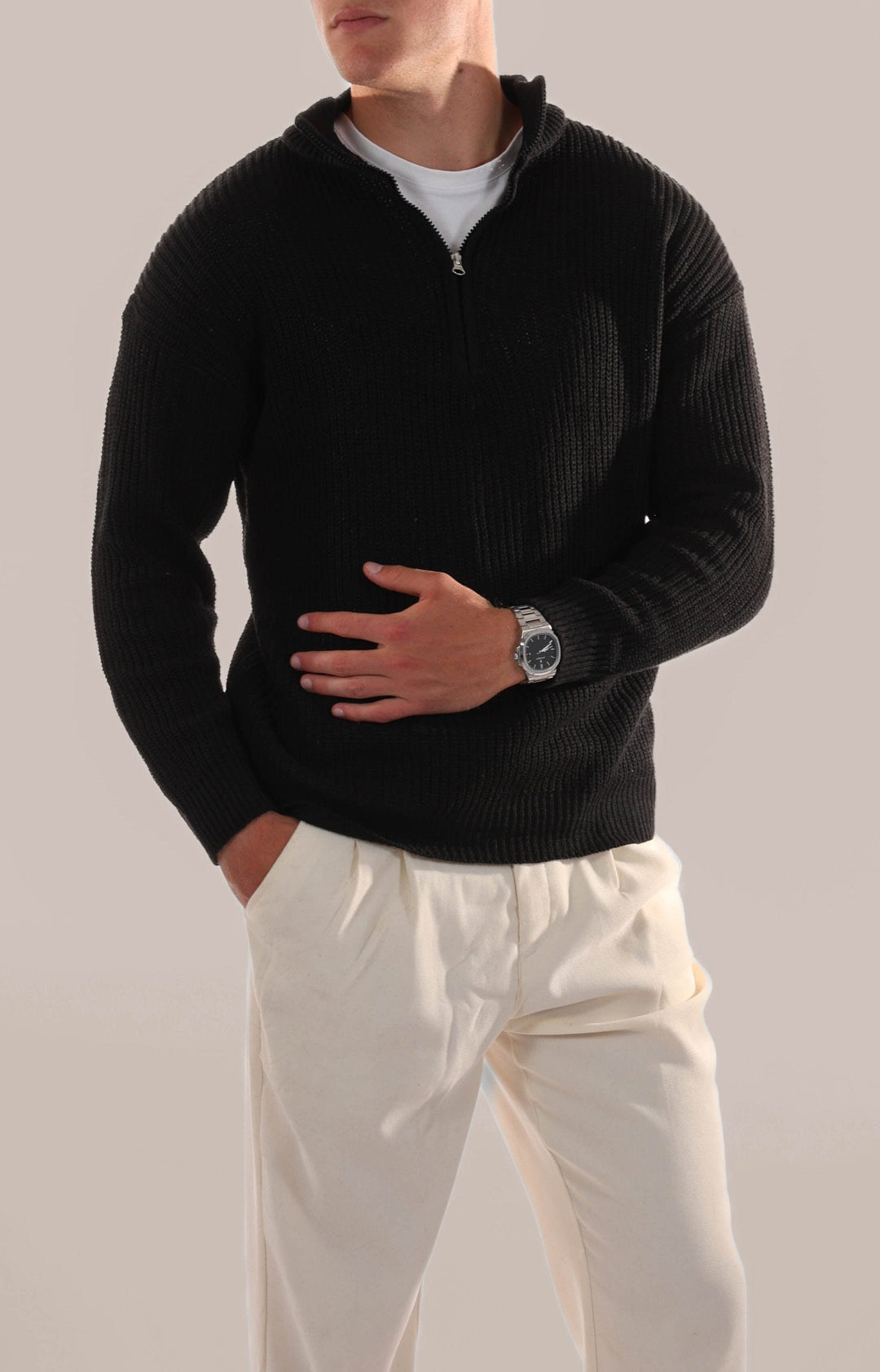 Modern men's half-zip jumper, a stylish pullover combining comfort with a smart casual look.