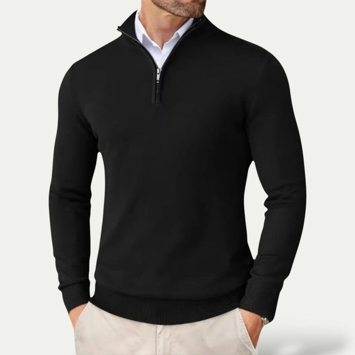Men's classic half-zip pullover sweater, a versatile long-sleeve top for smart casual layering.